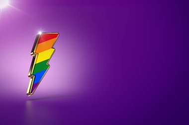 Gökkuşağı renkleri ile Yıldırım üzerinde gurur sembolü ve cinsiyet eşitliği kavramı için hareket olarak. Sağ tarafta kopya alanı ile mor arka plan üzerinde izole. 3d render