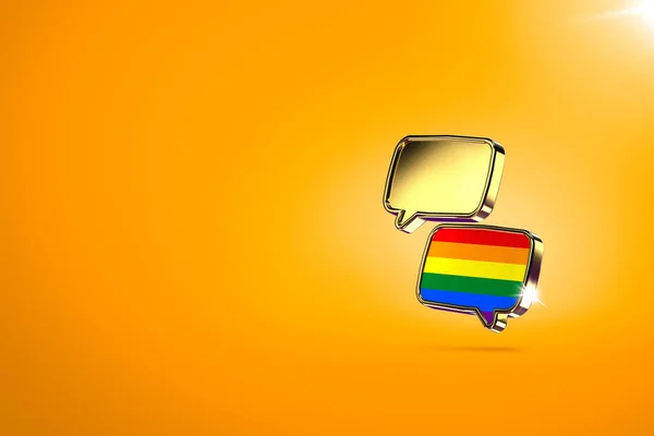 Dos nubes de chat - una con colores de arco iris en el interior. Diálogo entre homosexuales y heterosexuales, alcanzando acuerdos y concepto de paz. Fondo naranja, espacio de copia incluido. Renderizado 3D —  Fotos de Stock