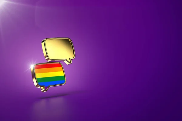 Dos nubes de chat - una con colores de arco iris en el interior. Diálogo entre homosexuales y heterosexuales, alcanzando acuerdos y concepto de paz. Fondo púrpura, espacio de copia incluido. Renderizado 3D —  Fotos de Stock