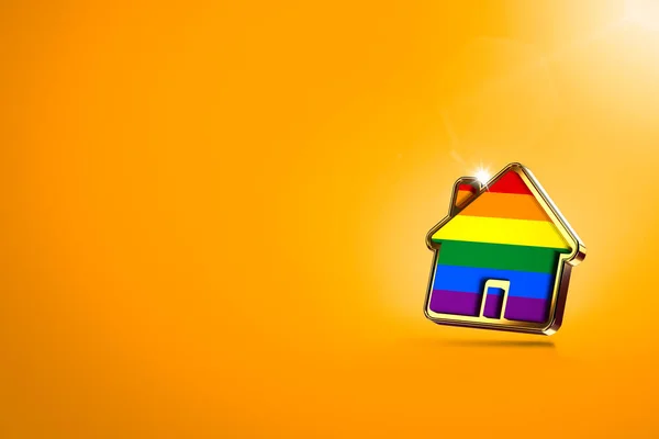 Forma del hogar con arco iris orgullo gay aislado sobre fondo naranja, espacio de copia. Gays derecho a vivir juntos concepto. Renderizado 3D —  Fotos de Stock