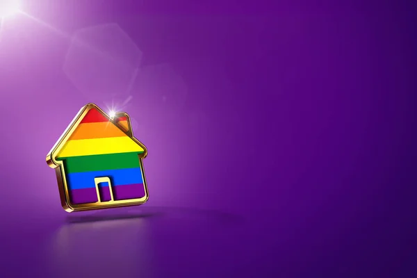 Forma del hogar con arco iris orgullo gay aislado sobre fondo púrpura, espacio de copia. Gays derecho a vivir juntos concepto. Renderizado 3D —  Fotos de Stock