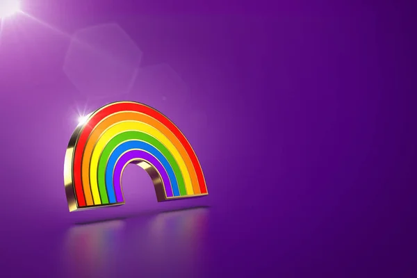 Símbolo de arco iris flotante aislado sobre fondo púrpura. Movimiento por la igualdad de derechos LGBT y concepto de igualdad de género. Copia el espacio en el lado izquierdo. Renderizado 3D —  Fotos de Stock