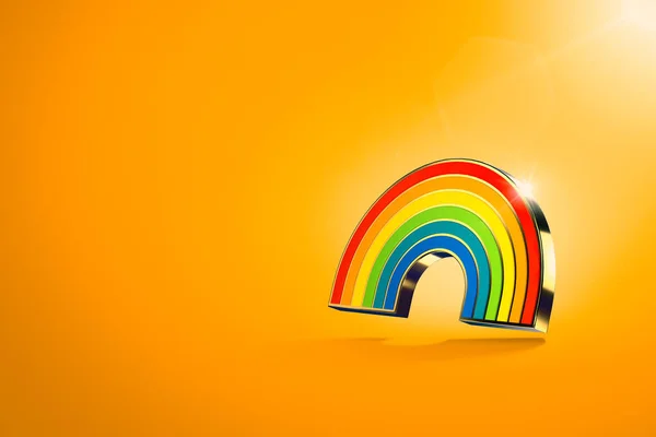 Símbolo de arco iris flotante aislado sobre fondo naranja. Movimiento por la igualdad de derechos LGBT y concepto de igualdad de género. Copia el espacio en el lado izquierdo. Renderizado 3D —  Fotos de Stock