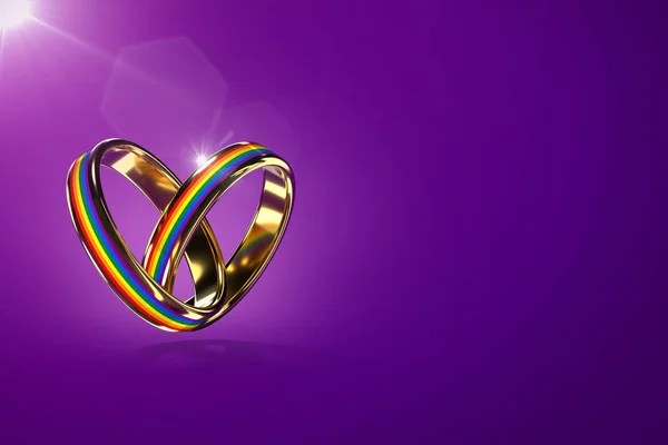 Dos anillos de boda flotantes con colores arcoíris aislados sobre fondo púrpura. Movimiento por la igualdad de derechos para los matrimonios gay y el concepto de igualdad de género. Copia el espacio en el lado izquierdo. Renderizado 3D —  Fotos de Stock