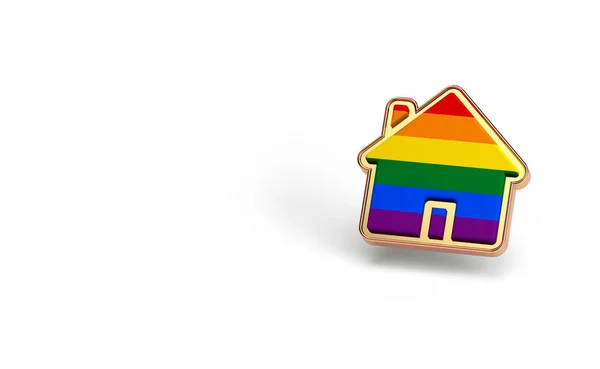 Orgullo gay arco iris en una forma de hogar aislado sobre fondo blanco. Copia el espacio en el lado izquierdo. Derechos de las personas LGBTQ a vivir juntos concepto. Renderizado 3D —  Fotos de Stock