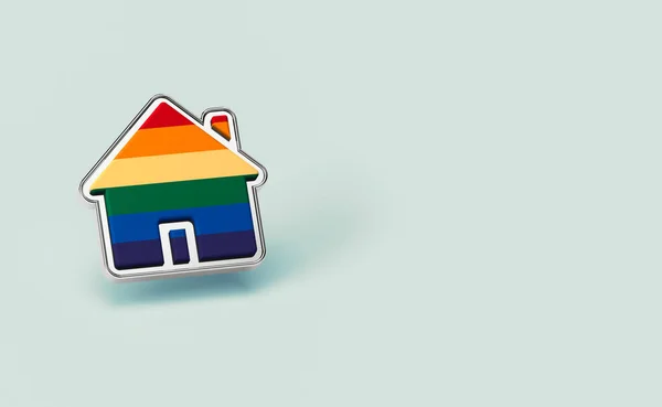 Gay arco iris orgullo en un pin de plata en forma de hogar aislado sobre fondo verde pastel. Espacio de copia incluido. Las personas LGBTQ tienen derecho a vivir juntos concepto. Renderizado 3D —  Fotos de Stock