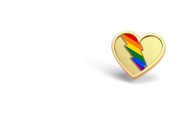 İçinde gökkuşağı şimşekleri olan altın kalp. LGBT aşk ve hakları sembol kavramı için mücadele. Kopyalama alanı ile beyaz arka plan üzerinde izole. 3d render