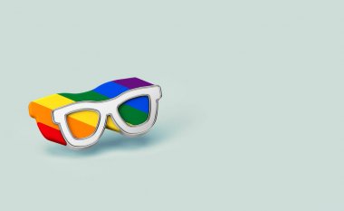 İçinde gökkuşağı anahatlı gümüş güneş gözlüğü. Eşcinsel konsepti olmak sorun değil. Kopya alanı ile pastel yeşil arka plan üzerinde izole. 3d render
