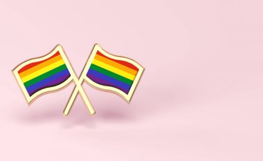 İki gökkuşağı bayrağı. Gay gurur ay veya gün kavramı. Kopya alanı ile pastel pembe arka plan üzerinde izole. 3d render