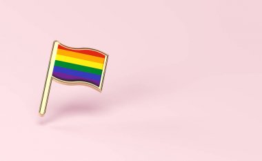 Gökkuşağı Lgbtq bayrak iğnesi. Gay gurur ay sembol kavramı. Kopya alanı ile pastel pembe arka plan üzerinde izole. 3d render