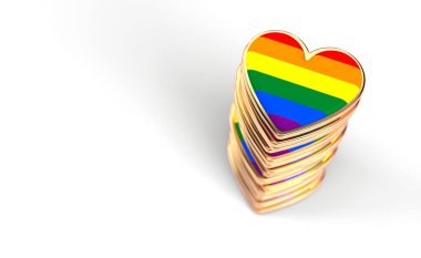 Yığın veya yığın içinde gökkuşağı bayrağı ile Altın kalpler. Eşcinsel gurur, Lgbt, biseksüel, homoseksüel sembol kavramı. Kopyalama alanı ile beyaz arka plan üzerinde izole. 3d render