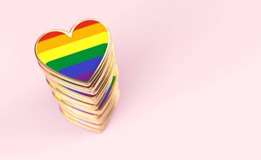 Yığın veya yığın içinde gökkuşağı bayrağı ile Altın kalpler. Eşcinsel gurur, Lgbt, biseksüel, homoseksüel sembol kavramı. Kopya alanı ile pastel pembe arka plan üzerinde izole. 3d render