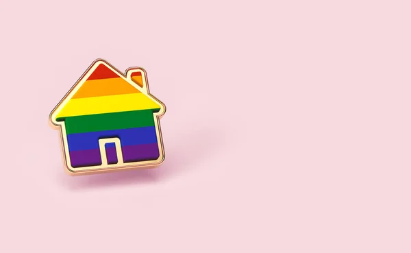 Orgulho gay arco-íris em uma forma de casa isolado no fundo rosa pastel. Espaço de cópia incluído. Pessoas LGBTQ direito de viver juntos conceito. Renderização 3D — Fotografia de Stock