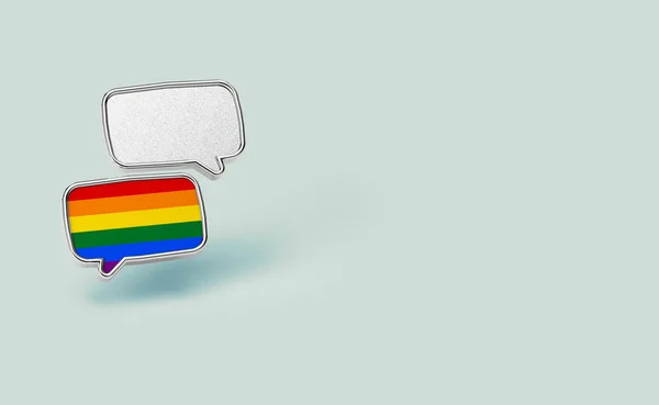 Twee chat wolken-een met regenboog kleuren binnen. Dialoog tussen homoseksuele en heteroseksuele mensen en het bereiken van overeenkomsten concept. Geïsoleerd op pastel groene achtergrond met Kopieer ruimte. 3D-rendering — Stockfoto