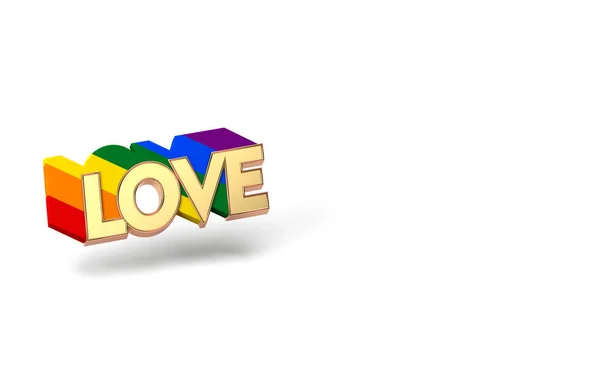 Gouden liefde woord met regenboog omtrek. LGBTQ liefde symbool concept. Geïsoleerd op witte achtergrond met Kopieer ruimte. 3D-rendering — Stockfoto