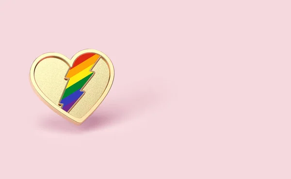 Golden heart pin with rainbow lightning inside. LGBT love and fight for their rights symbol concept. Isolated on pastel pink background with copy space. 3D rendering — Stock Photo, Image