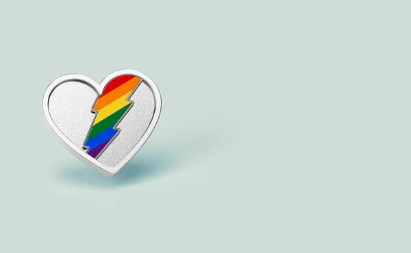 Silver heart with rainbow lightning inside. LGBT love and fight for their rights symbol concept. Isolated on pastel green background with copy space. 3D rendering — Stock Photo, Image