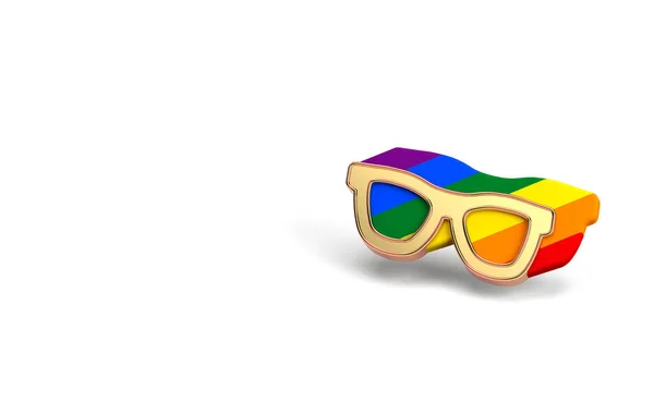 Gafas de sol doradas con contorno de arco iris en el interior. Está bien ser concepto gay. Aislado sobre fondo blanco con espacio de copia. Renderizado 3D —  Fotos de Stock