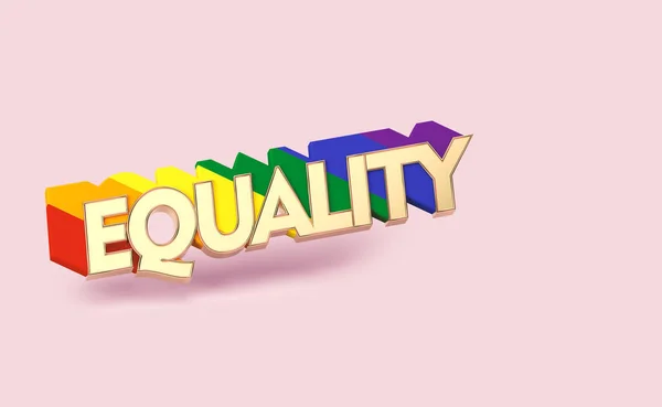 Pino de palavra Golden EQUALITY com contorno do arco-íris. Conceito de símbolo de igualdade LGBT. Isolado em fundo rosa pastel com espaço de cópia. Renderização 3D — Fotografia de Stock