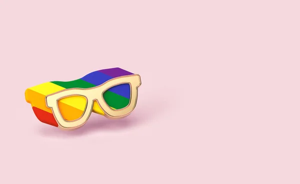 Gafas de sol doradas pin con contorno de arco iris en el interior. Está bien ser concepto gay. Aislado sobre fondo rosa pastel con espacio para copiar. Renderizado 3D —  Fotos de Stock