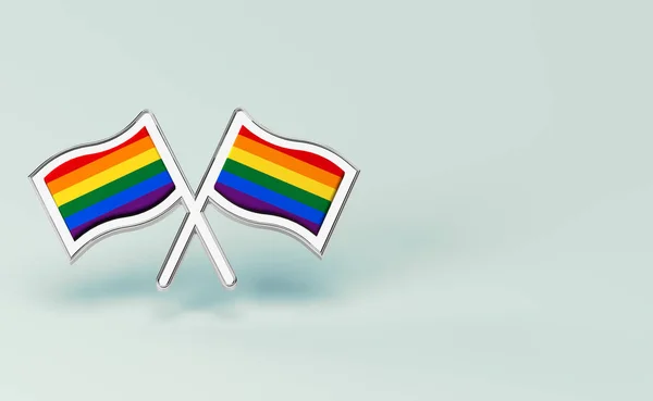 Dos banderas de arco iris. Concepto de mes o día de orgullo gay. Aislado sobre fondo verde pastel con espacio para copiar. Renderizado 3D —  Fotos de Stock