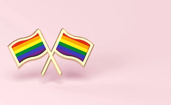 Dos banderas de arco iris. Concepto de mes o día de orgullo gay. Aislado sobre fondo rosa pastel con espacio para copiar. Renderizado 3D — Foto de Stock