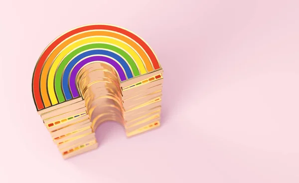 Golden LGBTQ Rainbow högen för Gay Pride, HBT, bisexuella, homosexuella symbol koncept. Isolerad på pastell rosa bakgrund med kopierings utrymme. 3D-rendering — Stockfoto