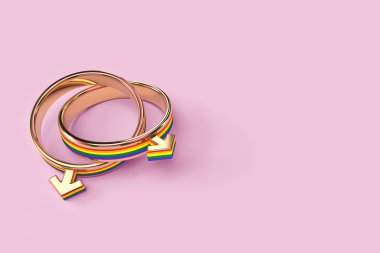 Pastel pembe arka plan üzerinde izole iki eşcinsel erkek alyans. Kopyalama alanı dahil. Lgbtq+ insanlar birlikte yaşama hakkı kavramı. 3d render