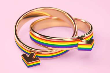Pastel pembe arka plan üzerinde izole birbirine bağlı iki gay erkek alyans yakın çekim. Eşcinsel evlilikleri kavramı. 3d render
