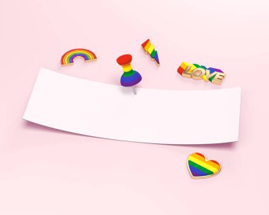 Gökkuşağı renkli pin ve etrafında bazı gay gurur nesneleri ile sabitlenmiş metin için kopya alanı ile boş kağıt şerit. Pastel pembe arka plan üzerinde izole. 3d render