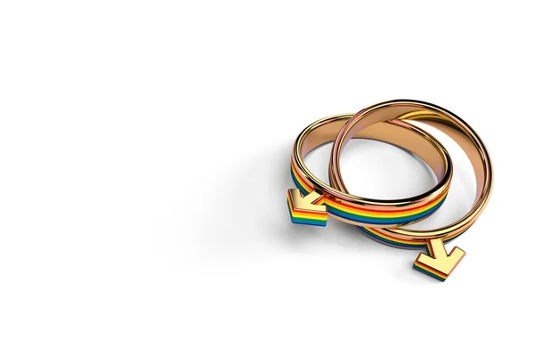 Dos anillos de boda masculinos gay aislados sobre fondo rosa pastel. Espacio de copia incluido. Las personas LGBTQ + tienen derecho a vivir juntos el concepto. Renderizado 3D — Foto de Stock