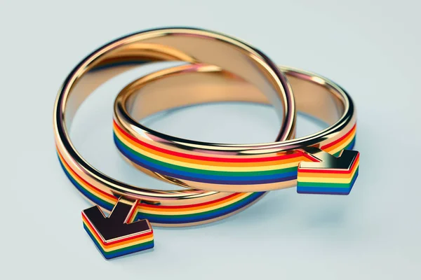 Κοντινό πλάνο σε δύο γκέι Ανδρικά δαχτυλίδια γάμου που συνδέονται μεταξύ τους απομονωμένα σε παστέλ πράσινο φόντο. Ιδέα για γκέι γάμους. απόδοση 3D — Φωτογραφία Αρχείου
