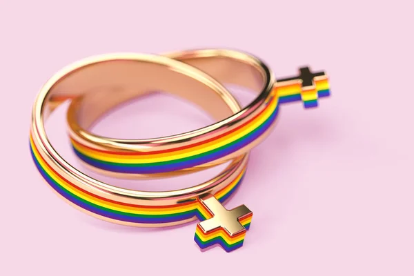 Primer plano sobre dos anillos de boda femeninos lesbianas sobre fondo rosa pastel. Los matrimonios lésbicos emiten concepto. Renderizado 3D —  Fotos de Stock