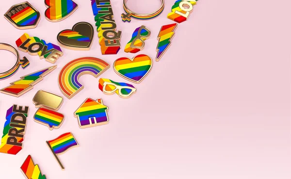 Varios artículos relacionados con el orgullo gay que yacen planos sobre un fondo rosa pastel. Vista superior con espacio de copia a la derecha. Renderizado 3D —  Fotos de Stock