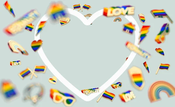 Verschiedene Objekte, die mit Gay Pride verbunden sind, schweben auf pastellgrünem Hintergrund und kopieren den Raum innerhalb des herzförmigen weißen Rahmens. 3D-Darstellung — Stockfoto