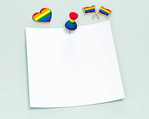 Carré de papier vide avec espace de copie pour votre texte épinglé avec une épinglette de couleur arc-en-ciel et quelques objets de fierté gay autour. Isolé sur fond vert pastel. rendu 3D — Photo