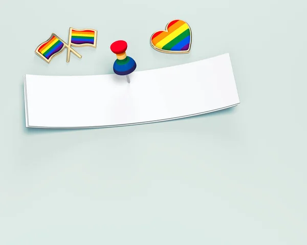 Tiras de papel vacías con espacio de copia para su texto cubierto con pin de color arco iris y algunos objetos de orgullo gay alrededor. Aislado sobre fondo verde pastel. Renderizado 3D — Foto de Stock
