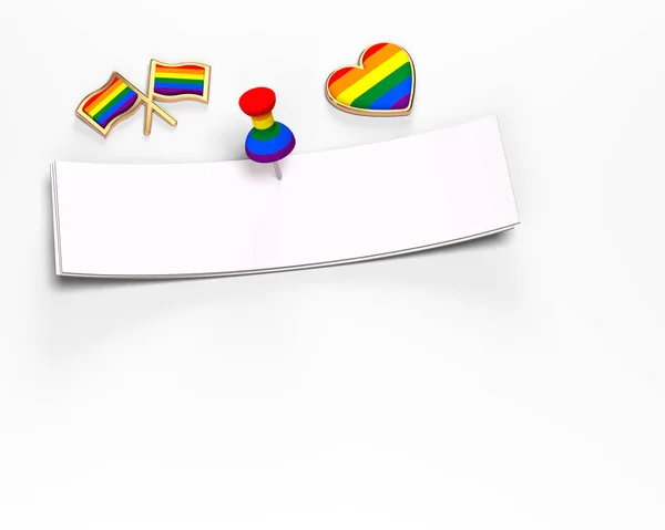 Pusty pasek papieru z kopią miejsca na tekst przypięty z tęczy kolorowe PIN i niektóre gejowskie dumy obiektów wokół. Izolowane na białym tle. Renderowanie 3D — Zdjęcie stockowe
