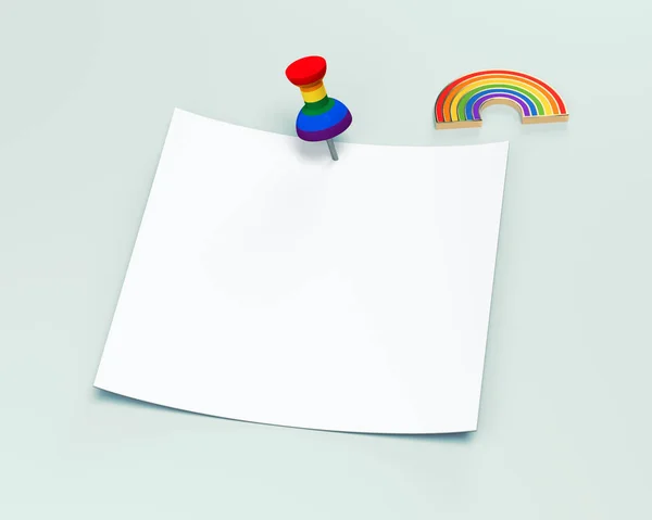 Cuadrado de papel vacío con espacio de copia para su texto cubierto con pin de color arco iris y arco iris orgullo gay por encima. Aislado sobre fondo verde pastel. Renderizado 3D —  Fotos de Stock