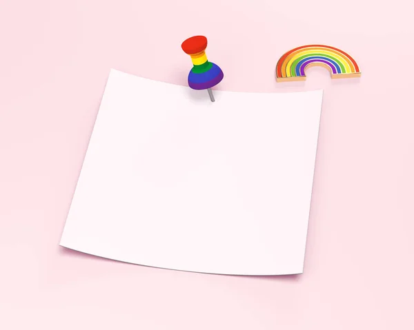 Cuadrado de papel vacío con espacio de copia para su texto cubierto con pin de color arco iris y arco iris orgullo gay por encima. Aislado sobre fondo rosa pastel. Renderizado 3D —  Fotos de Stock