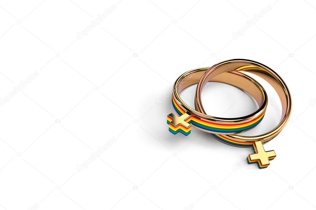 Two lesbian female wedding rings isolated on white background. Copy space included. LGBTQ+ people right to live together concept. 3D rendering