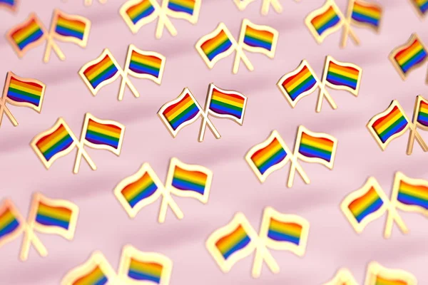 Grunt DOF fokus på Rainbow LGBTQ flaggor mönster. Gay Pride månad symbol koncept. Isolerad på pastell rosa bakgrund. 3D-rendering — Stockfoto