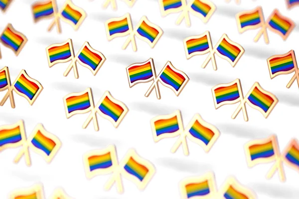 Foco DOF raso no grupo de bandeiras LGBT do arco-íris. Gay orgulho mês símbolo conceito. Isolado em fundo branco. Renderização 3D — Fotografia de Stock