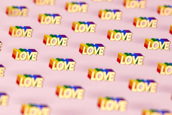 Primo piano girato sulla parola Golden LOVE con motivo a contorno arcobaleno. Giugno come mese di orgoglio gay e concetto d'amore. Isolato su sfondo rosa. Rendering 3D — Foto Stock