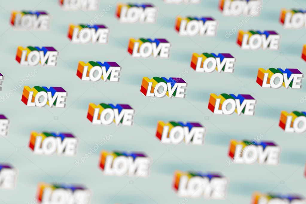 Closeup shot on Silver LOVE word with rainbow outline pattern. June as a month of gay pride and love concept. Isolated on pastel green background. 3D rendering