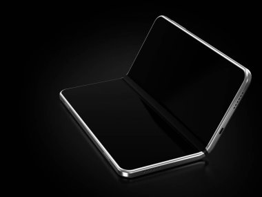 Katlanabilir akıllı telefon kavramı uzun tarafta katlama. Esnek akıllı telefon ekranda boş bir yer ile siyah arka plan üzerinde izole. 3d render