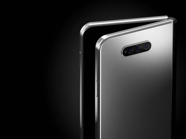 Uzun tarafta katlanabilir akıllı telefon katlama kavramı üzerinde yakın çekim. Siyah arka planda izole edilmiş esnek akıllı telefon. 3d render