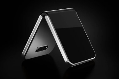 Kısa tarafta katlanabilir akıllı telefon katlama kavramı. Siyah arka planda izole edilmiş esnek akıllı telefon. 3d render