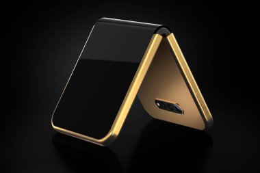 Kısa tarafta katlanabilir akıllı telefon katlama kavramı. Siyah arka planda izole edilmiş esnek akıllı telefon. 3d render