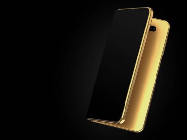 Katlanabilir akıllı telefon kavramı uzun tarafta katlama. Siyah arka planda izole edilmiş esnek akıllı telefon. 3d render